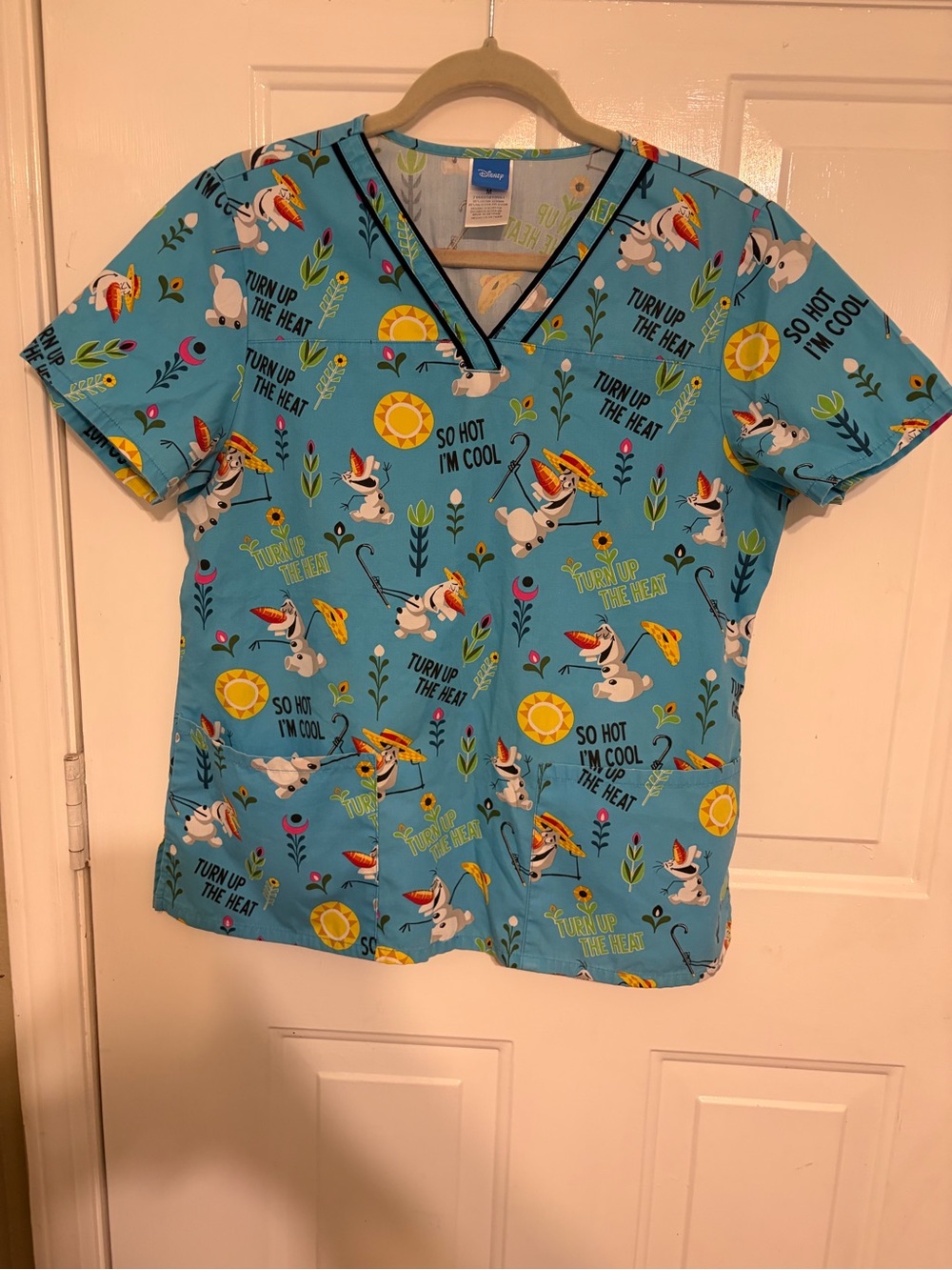Disney Women's Olaf from Frozen Scrub Top Doing What Snowmen do in Summer Medium
